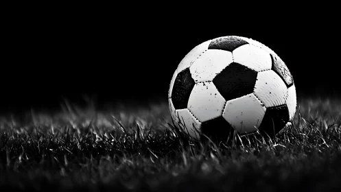 Lonely soccer ball rests on wet grass under stadium night