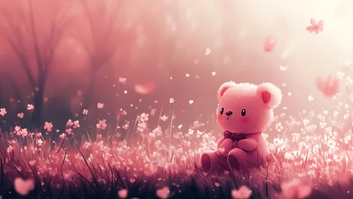 Soft pink teddy bear rests in sunlit floral meadow