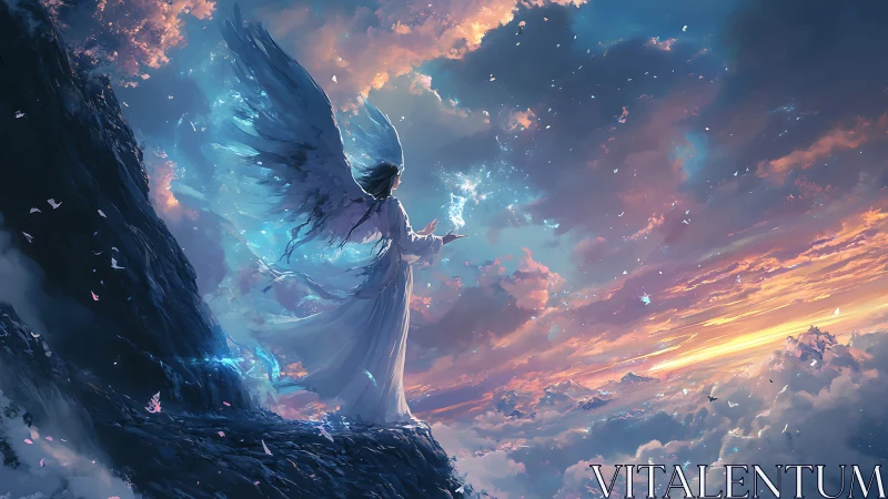 Celestial winged figure commands luminous sky at twilight
