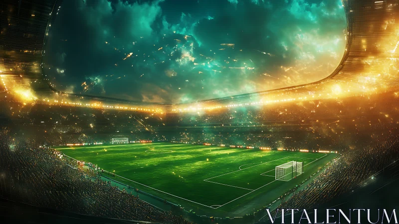 Glowing futuristic soccer stadium under dramatic emerald sky.