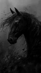 Midnight stallion in storm-swept monochrome portraiture.