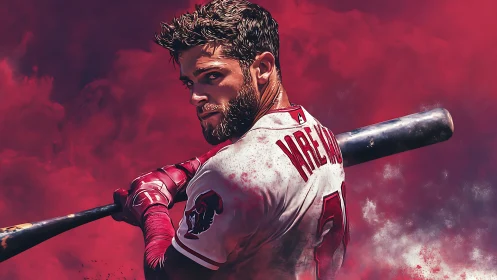 Smoldering red portrait of poised baseball slugger at bat.