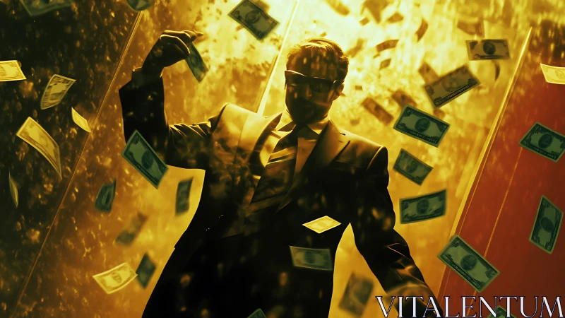 Shadowed power-broker strides through a storm of golden cash