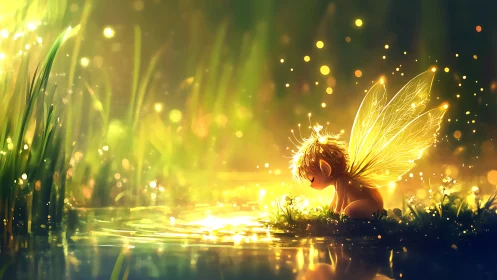 Luminous woodland fairy child beside glowing forest pool.
