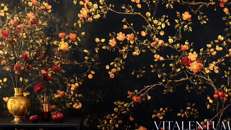 Floral branches on dark wall with gold vase and red accents.