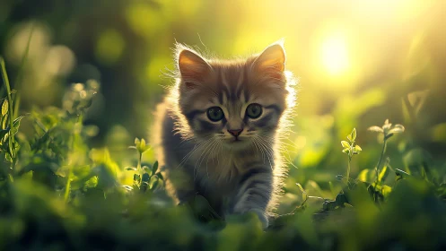 Kitten Exploring Sunlit Meadow with Grass.