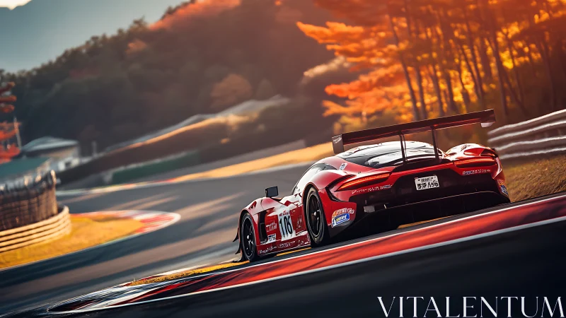 Red race car on autumn circuit corner at sunset light.