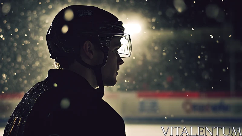 Hockey player profile under arena lights in drifting ice mist
