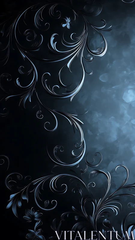 Midnight silver arabesques curling through moonlit mist.