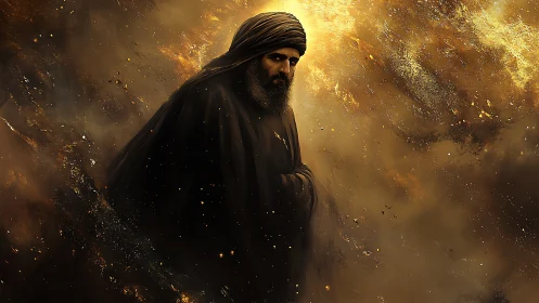 Hooded desert mystic emerging from turbulent golden nebula.