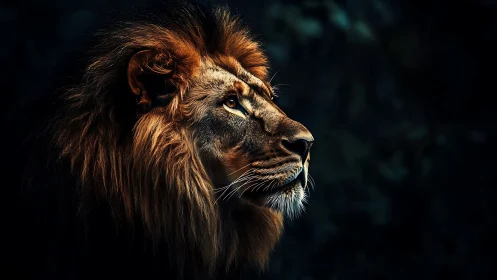 Profile study of lion with dark background and rim lighting.