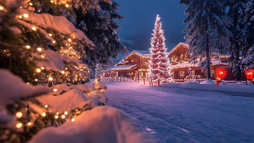 Snow covered lodge with warm Christmas lights at dusk.