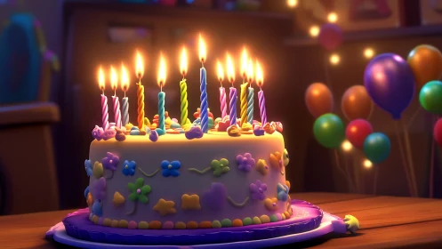 Birthday cake with lit candles, balloons in ambient interior setting