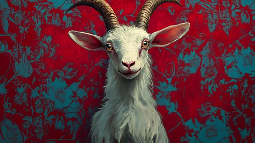 White goat stands against patterned red and teal backdrop