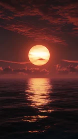 Crimson ocean horizon under oversized glowing sunset orb.
