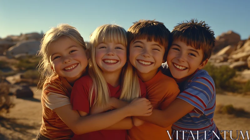 Four joyful children embracing beneath desert sunlight.
