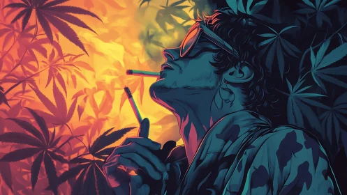 Man smoking under neon cannabis leaves in split lighting