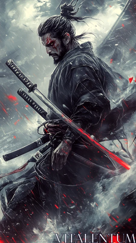 Bloodstained ronin with twin katanas in storm.