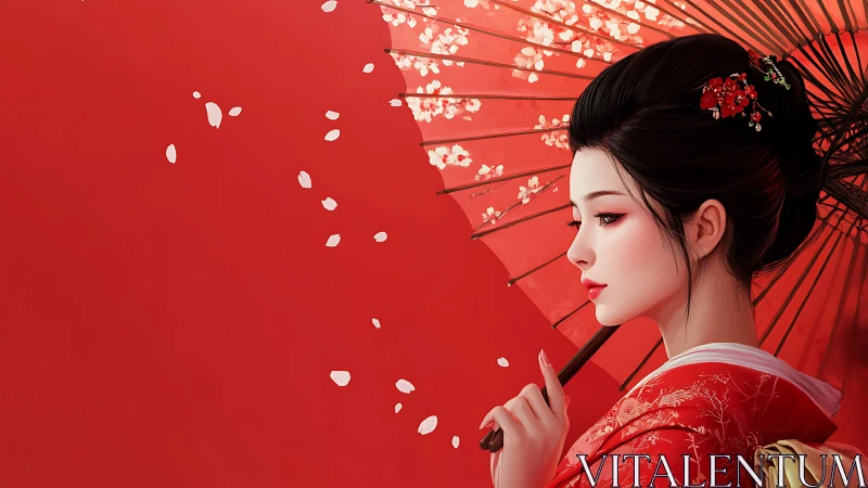 Elegant geisha profile framed by red umbrella and petals.