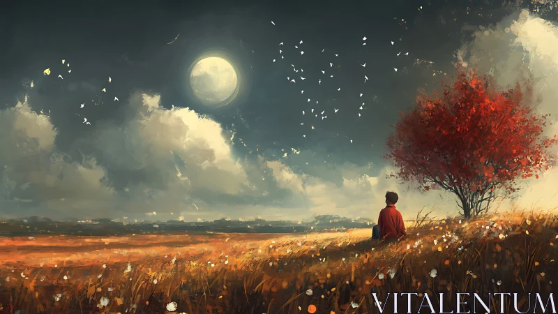 Figure under red tree observing moon over open field.