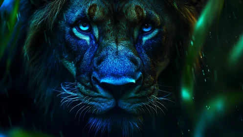 Majestic neon-lit lion stares through jungle shadows at night