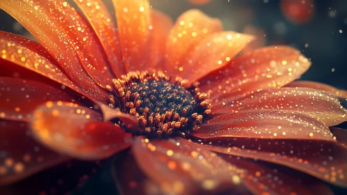 Close-up orange flower rendered with sparkling particle detail