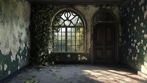 Sunlit abandoned room shows decay, overgrowth and window geometry