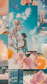 Vertical collage shows woman, flowers, sky, fruit, and buildings