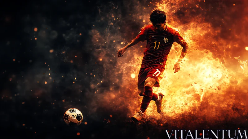 Fiery soccer star charges forward in a blazing, dramatic arena
