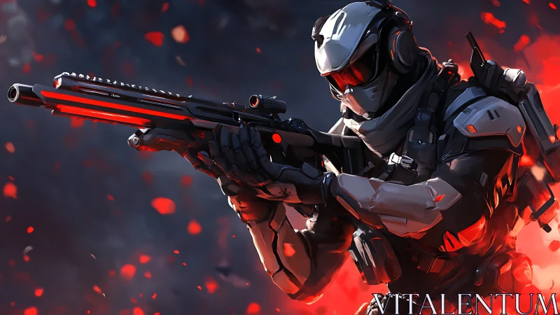 Futuristic armored sniper operative with glowing red rifle.