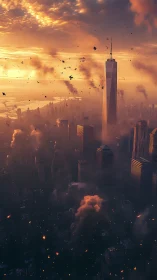 Vertical cityscape inferno with cinematic atmospheric depth.