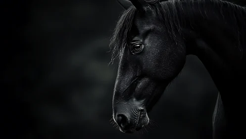 Side profile portrait of black horse on dark background.