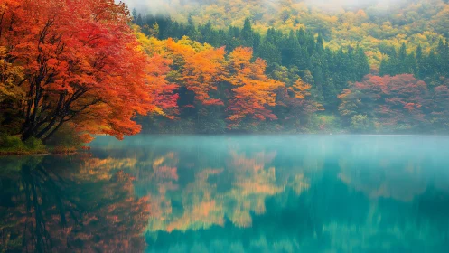 Crimson lakeshore maples mirrored in turquoise autumn mist.