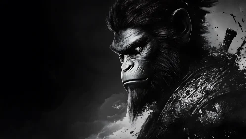 Warrior monkey close-up in dark monochrome portrait.