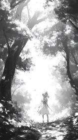 Child in luminous forest clearing under towering trees.