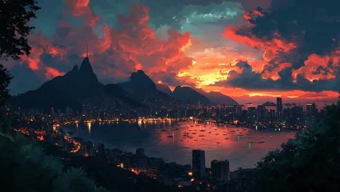 Digital seascape city skyline shows bay and mountains at dusk