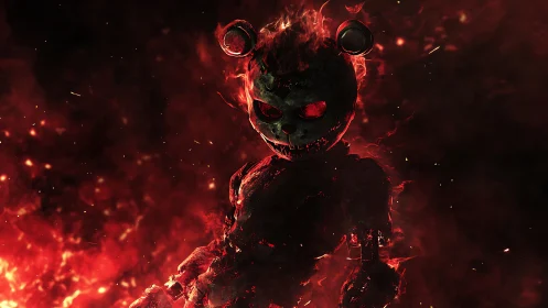 Infernal teddy revenant rising from ember-drowned shadows.