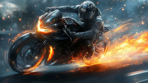 High-speed sportbike rider trailing molten flame stream