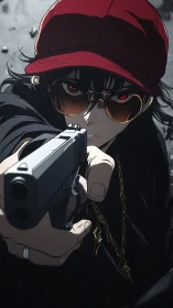 Red-capped gunman locks the world in a cold crimson stare.