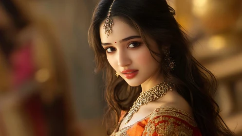 Portrait captures ornate bridal jewelry in warm cinematic lighting