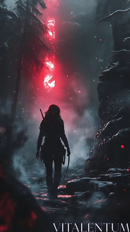 Warrior silhouette under crimson rift in frozen forest.