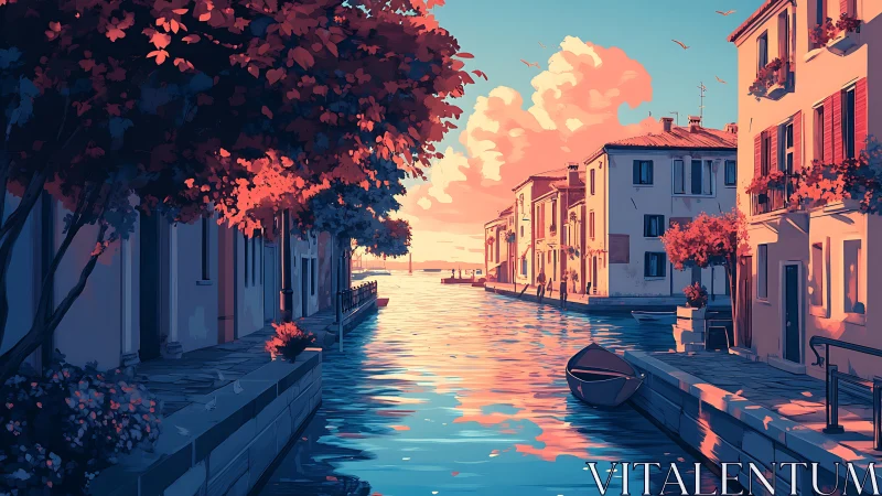 Sunlit canal evening wrapped in soft pastel reflections.