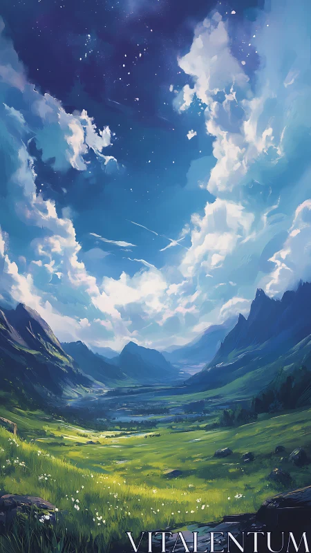 Atmospheric valley panorama under stratocumulus break sky.