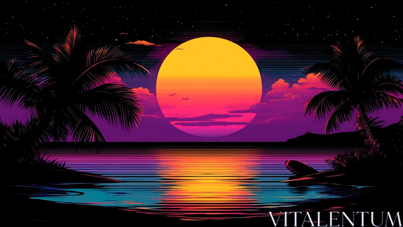 Neon tropical sunset glows over calm retro-futurist sea