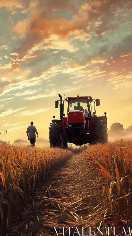Sunset tractor hums forward as farmer walks the glowing rows