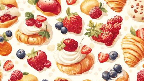 Patterned pastry arrangement with glossy berries and whipped cream