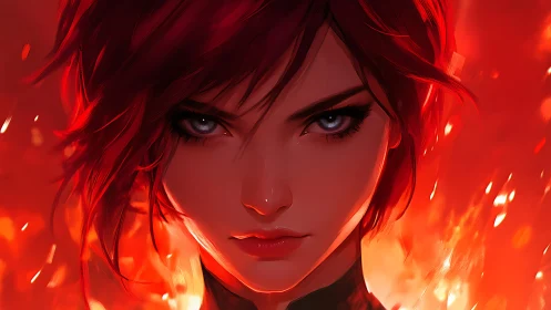 Digital portrait shows red haired woman against fiery backdrop