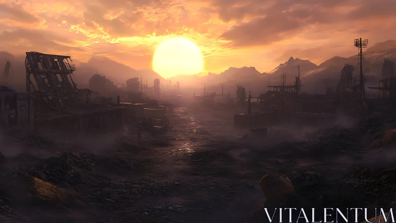 Sunset over deserted industrial ruins and barren terrain.