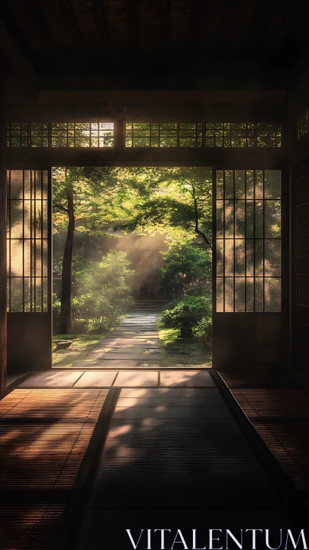Sunlit garden quietly steps through the open shoji door