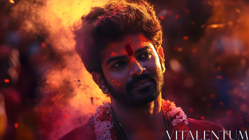 Portrait of a man amid vivid festival colors and light.